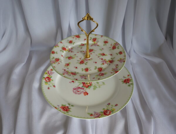 Ceramic two tier cake stand with red floral pattern