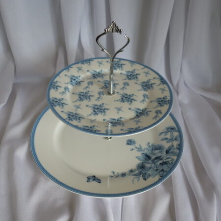 Ceramic two tier cake stand with blue pattern