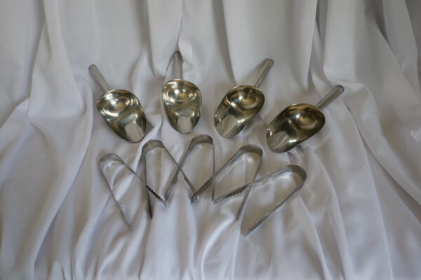 Image of a set of 4 metal tongs and 4 metal scoops